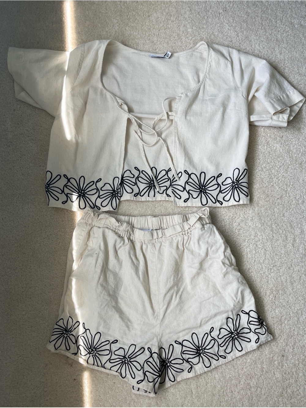 ASOS DESIGN embroidered tie front top in stone- FULL SET